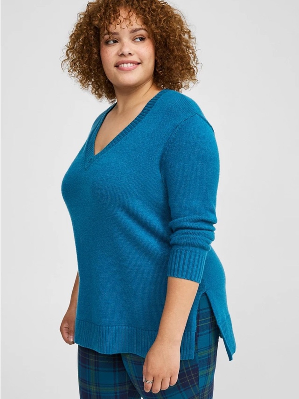 Torrid Knit Split Hem Vneck Blue Sweater